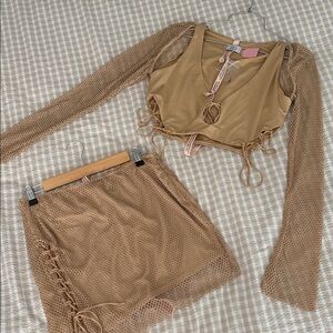 Oh Polly Tan Mesh Skirt Set